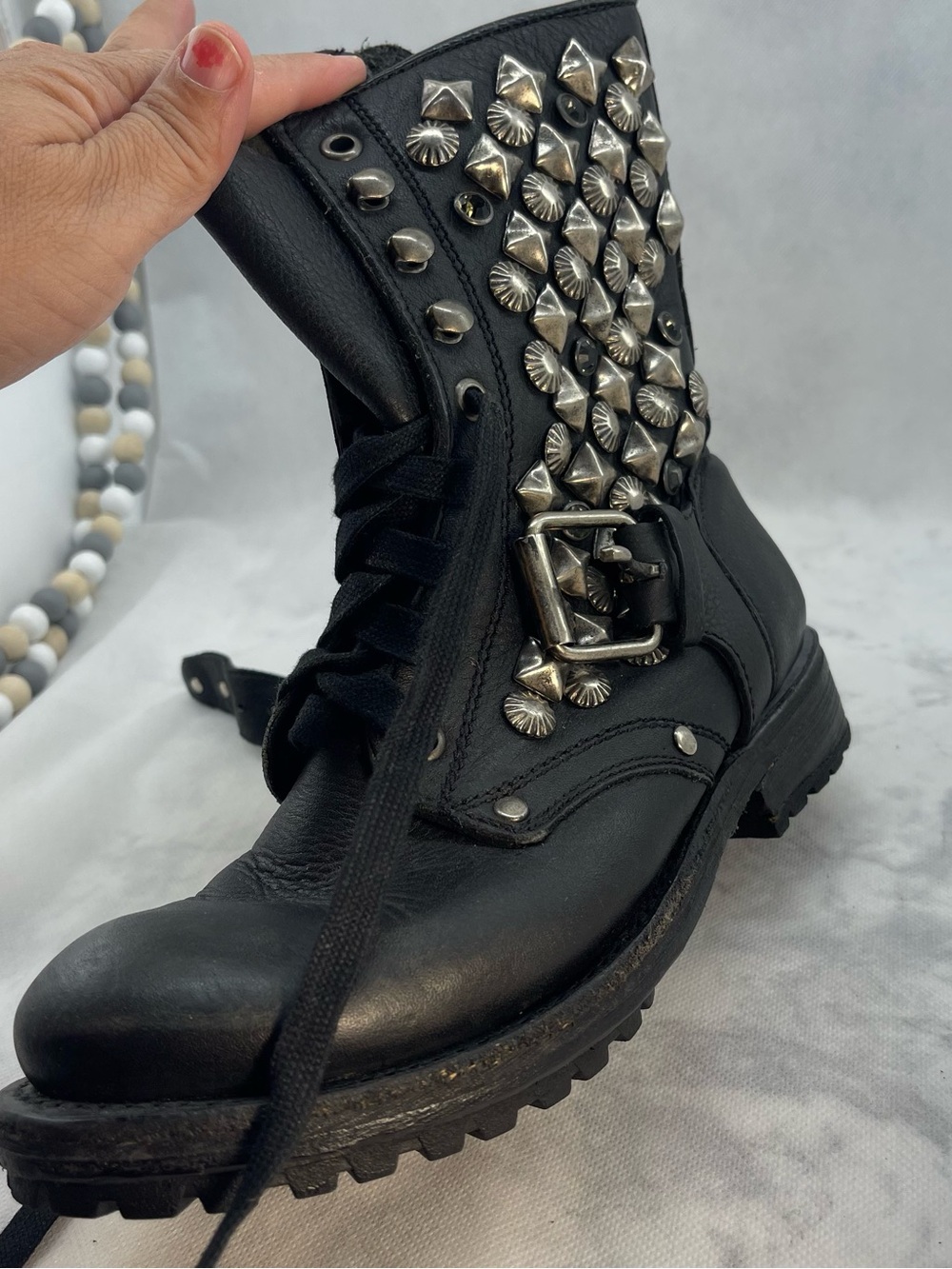 ASH Black Studded Combat Boots with Buckle Women US 6